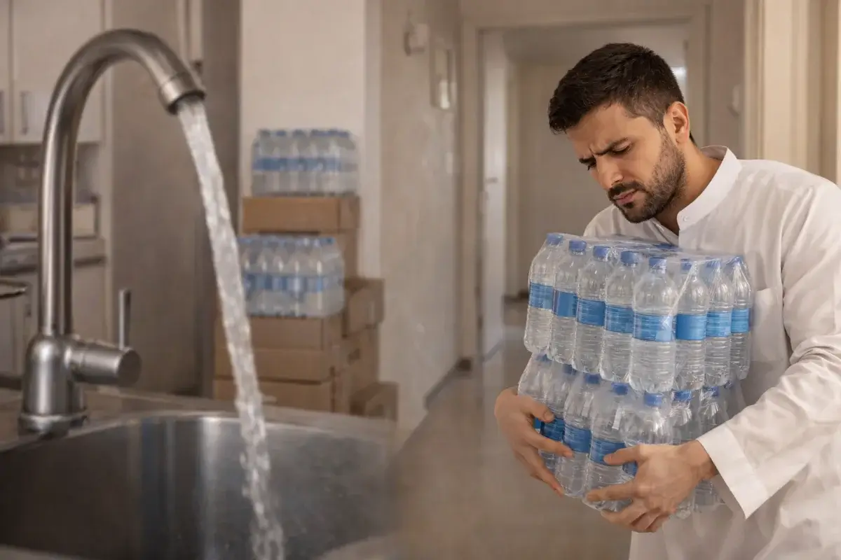 الاعتماد على الماء المعبأ داخل شقة بسبب عدم الراحة من ماء الحنفية