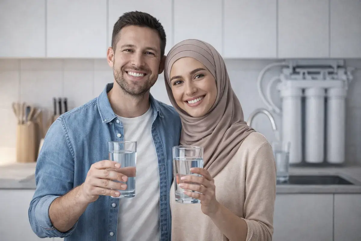 عائلة داخل المطبخ تشرب ماء نظيف وتشعر بالراحة بعد تحسين جودة الماء