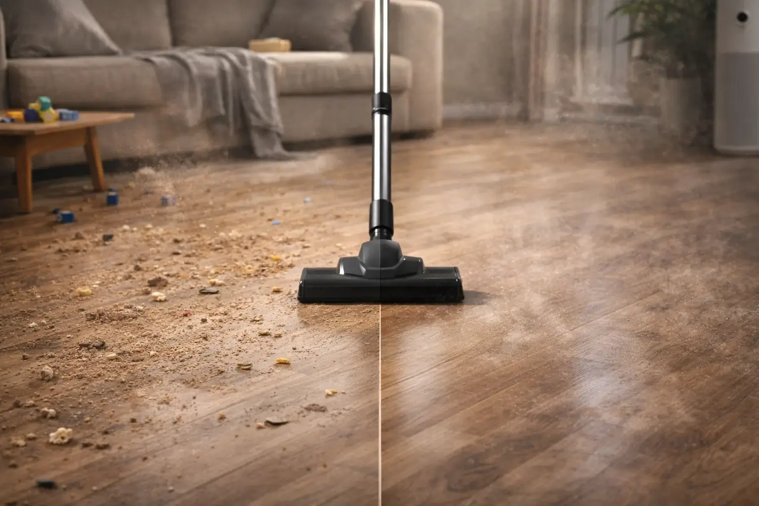 مقارنة بين أرضية متسخة وأرضية نظيفة مع غبار خفيف داخل منزل