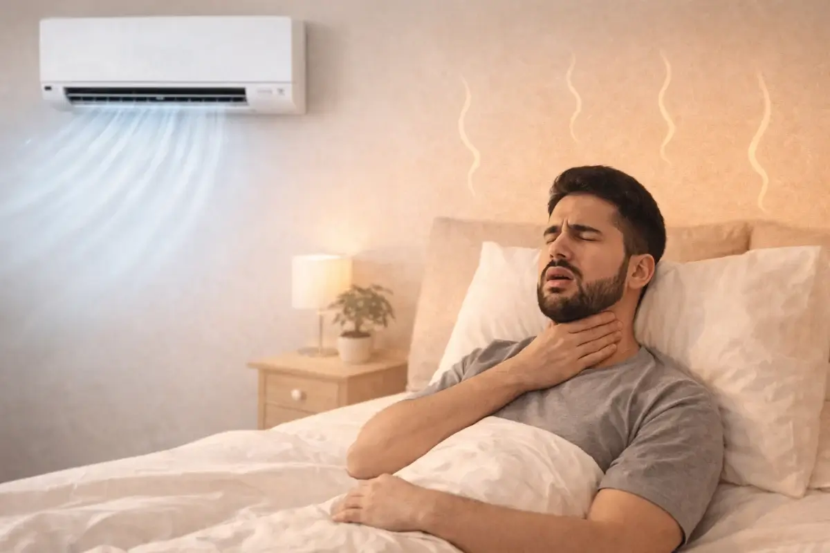 أعراض جفاف الهواء بسبب المكيف مثل جفاف الحلق وعدم الراحة أثناء النوم