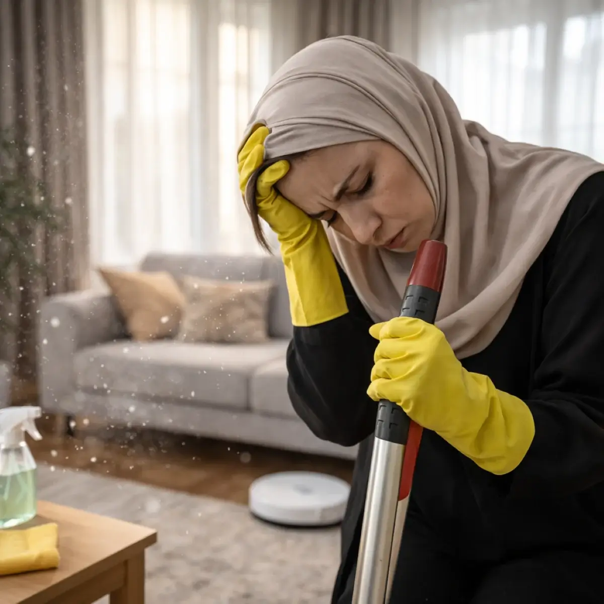 امرأة مسلمة متعبة تنظف المنزل بسبب تكرار الغبار داخل الشقة
