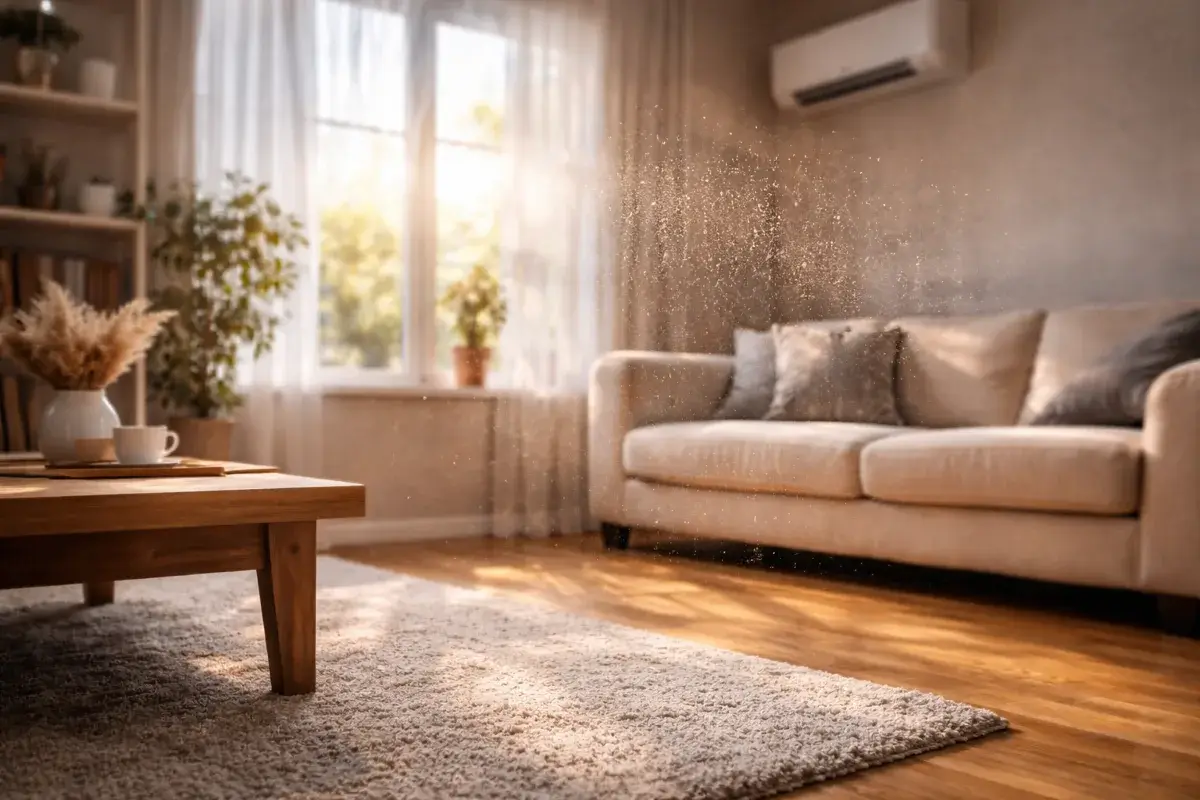 غبار يظهر في ضوء الشمس داخل غرفة معيشة في منزل بالسعودية
