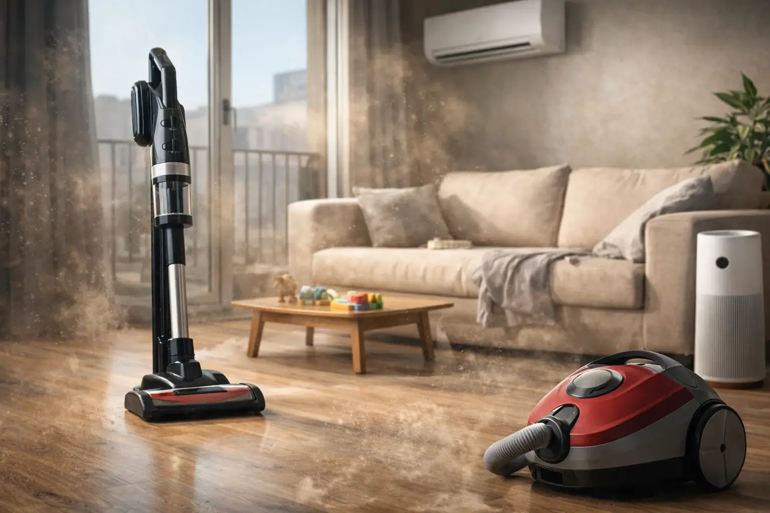 غبار يظهر في ضوء الشمس داخل شقة مع مكنسة كهربائية ومكيف يعمل