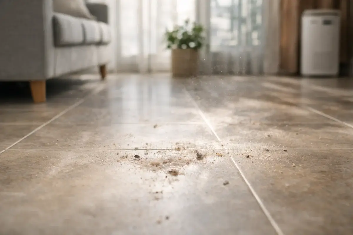 غبار ظاهر على أرضية شقة في السعودية بسبب المكيف ودخول الهواء من الخارج