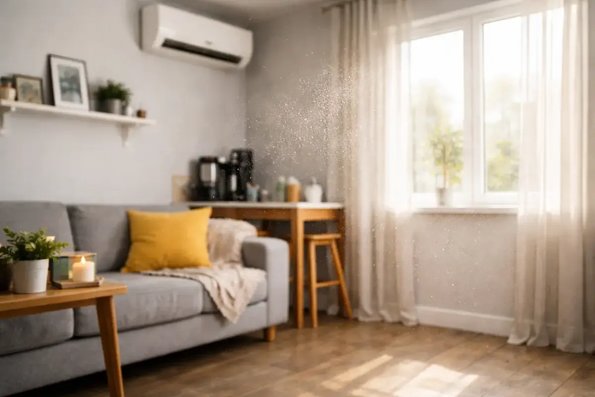 غبار داخل شقة صغيرة يظهر في ضوء الشمس مع تشغيل المكيف