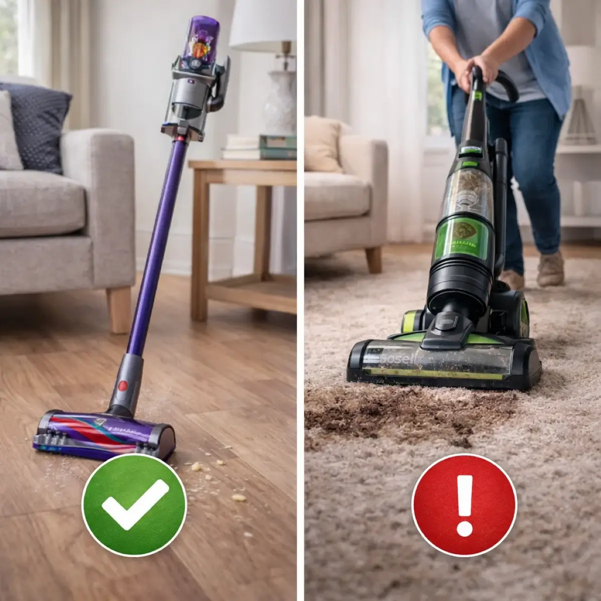 مقارنة نتيجة تنظيف الأرضيات باستخدام Dyson مقابل تنظيف السجاد باستخدام Bissell