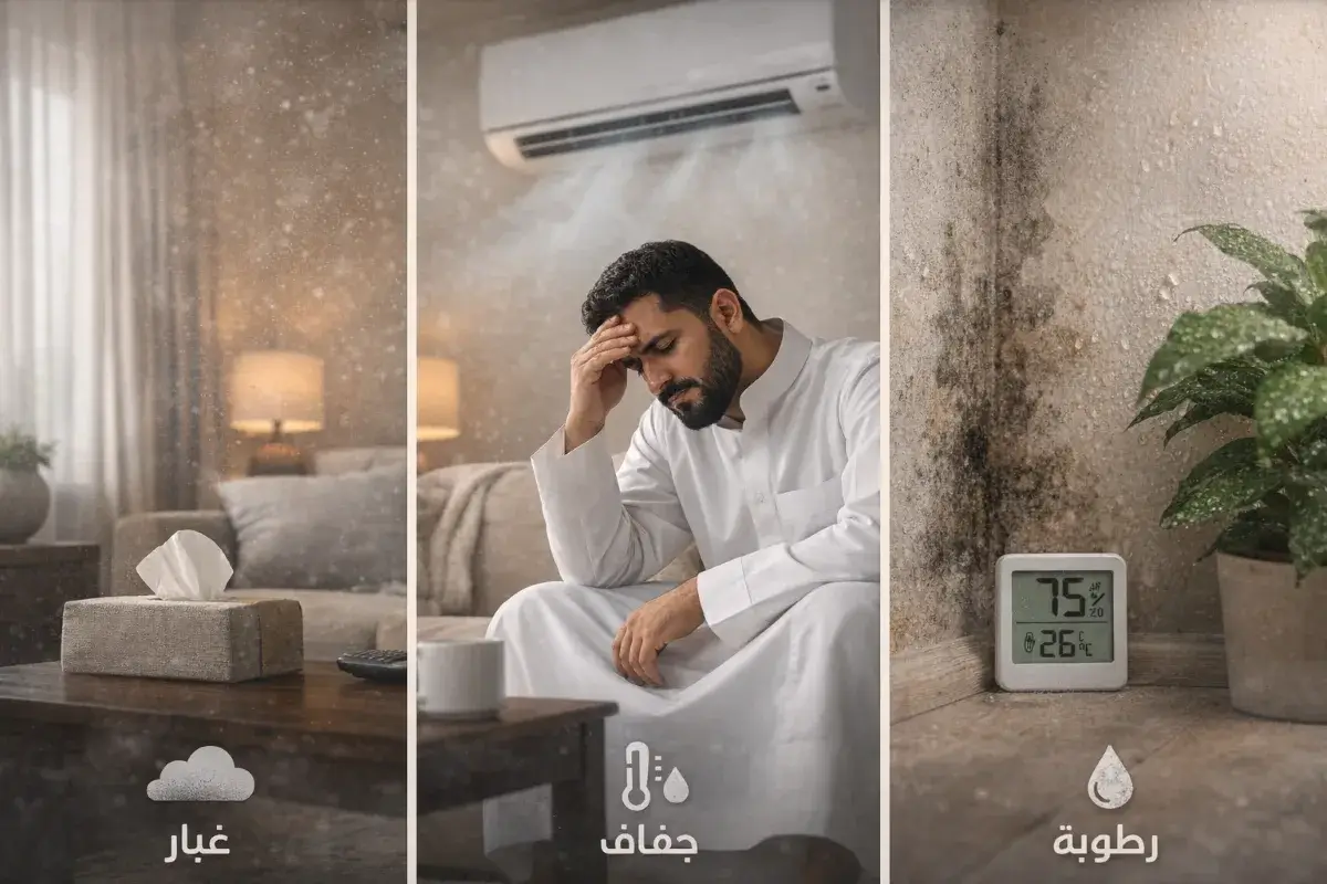 أنواع مشاكل جودة الهواء داخل المنزل مثل الغبار والجفاف والرطوبة