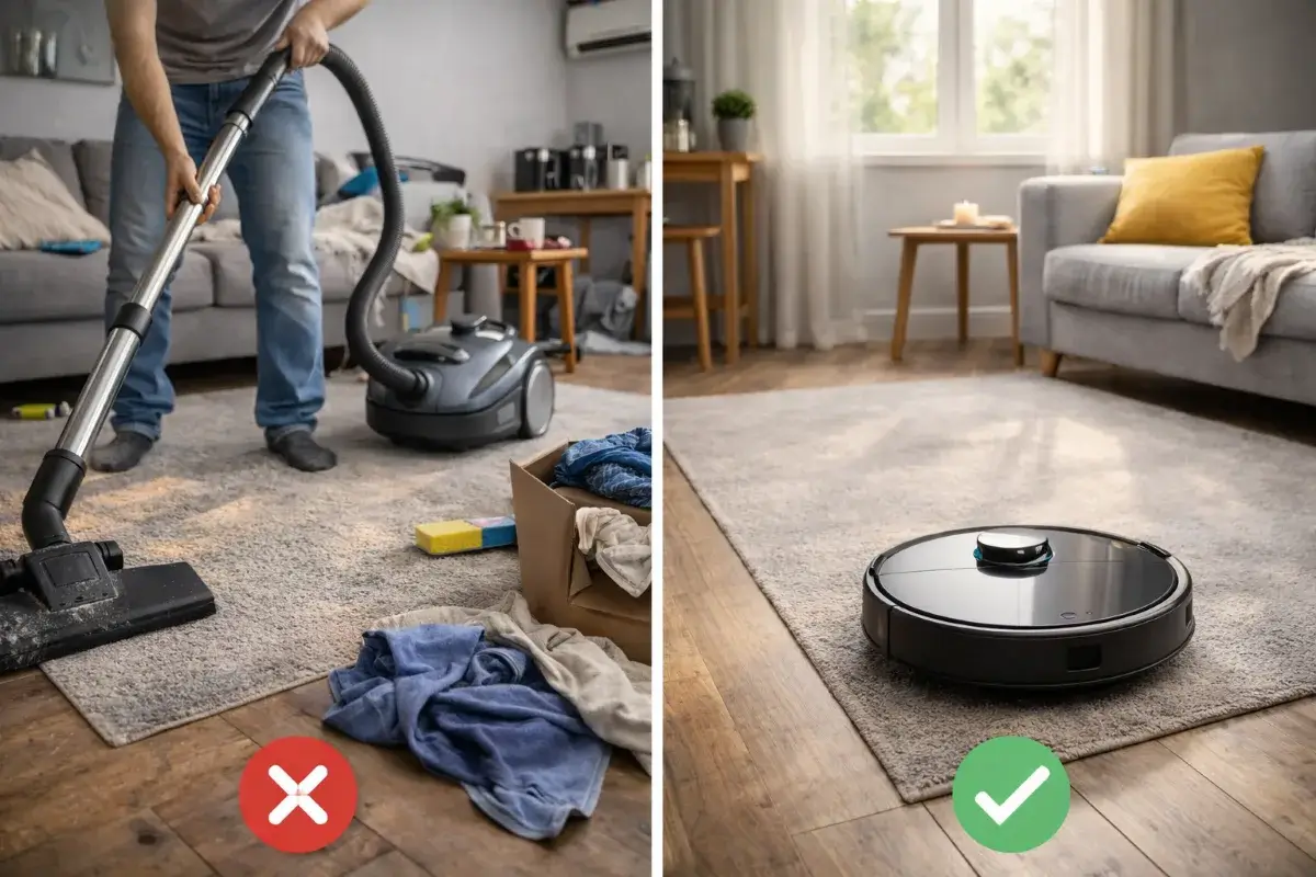 مقارنة بين التنظيف اليدوي والمكنسة الروبوت في شقة صغيرة نظيفة