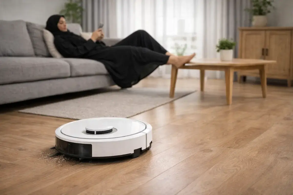 مكنسة روبوت تنظف الأرضية تلقائيًا داخل منزل حديث في السعودية