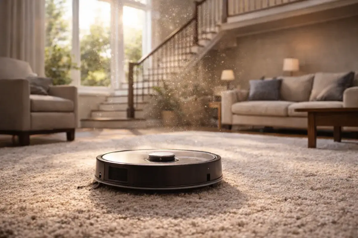 روبوت مكنسة ينظف الأرضية بشكل تلقائي داخل منزل حديث