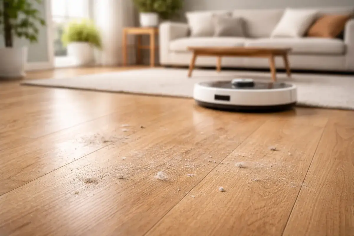 غبار خفيف على الأرض رغم استخدام مكنسة روبوت في شقة داخل السعودية