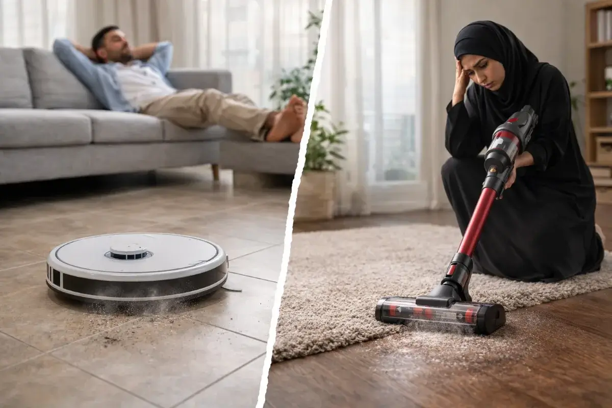 مقارنة بين الراحة باستخدام روبوت تنظيف والتعب أثناء استخدام مكنسة كهربائية يدوياً