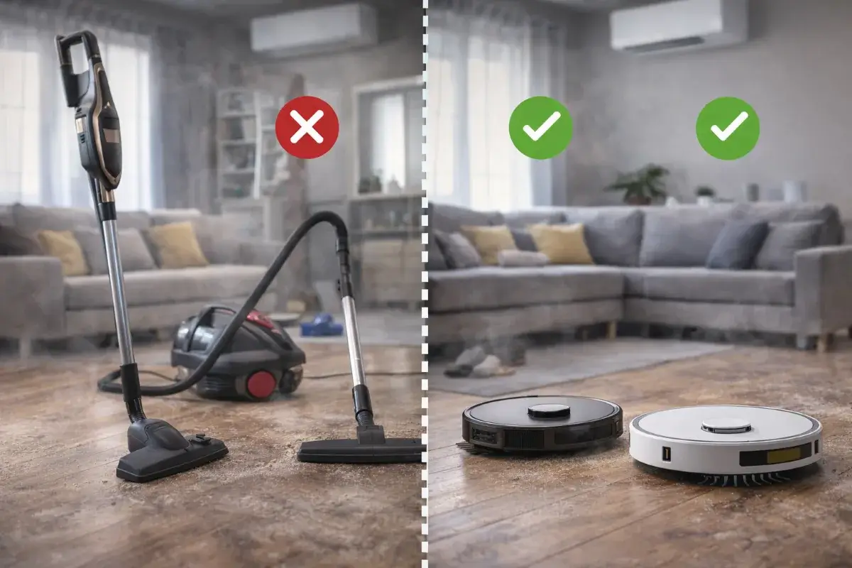 مقارنة بين المكنسة التقليدية والمكنسة الروبوت داخل منزل نظيف في السعودية