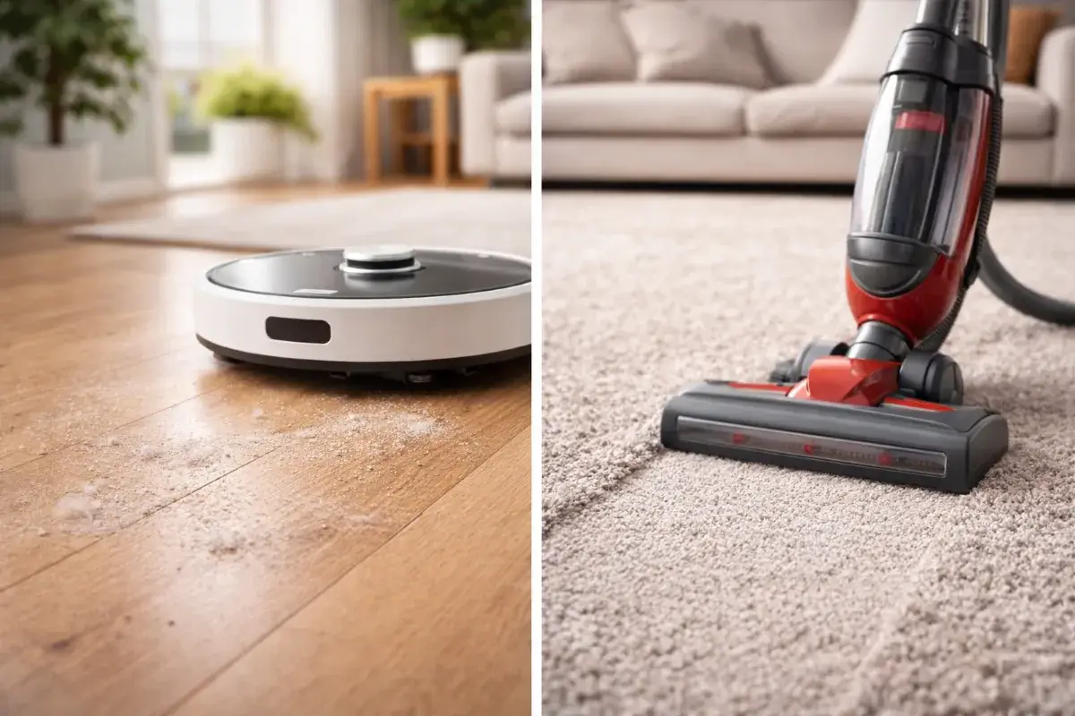 مقارنة بين مكنسة روبوت ومكنسة تقليدية لتنظيف الأرضيات والسجاد في المنزل