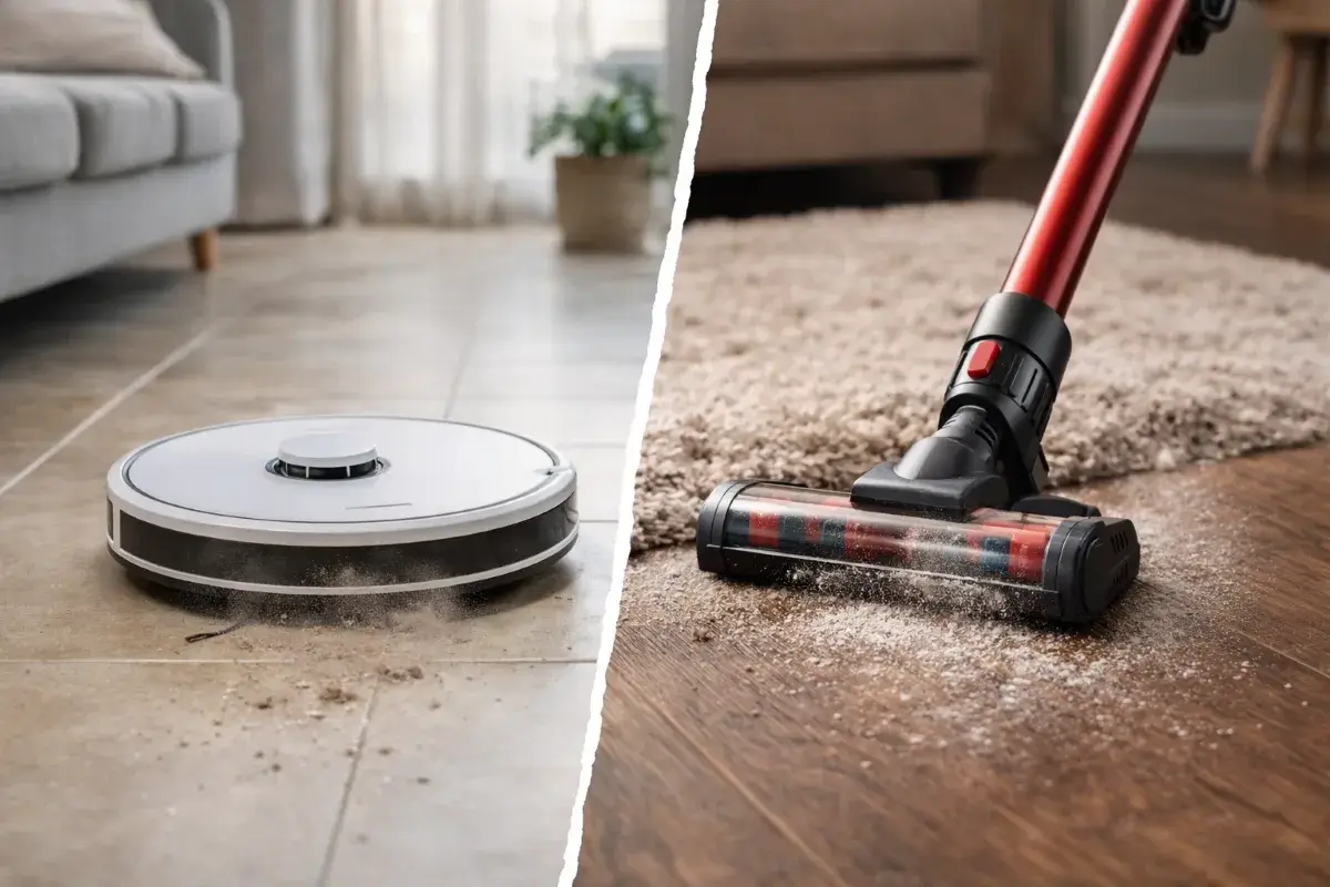 مقارنة بين روبوت تنظيف ومكنسة كهربائية في منزل مع أرضية وسجاد