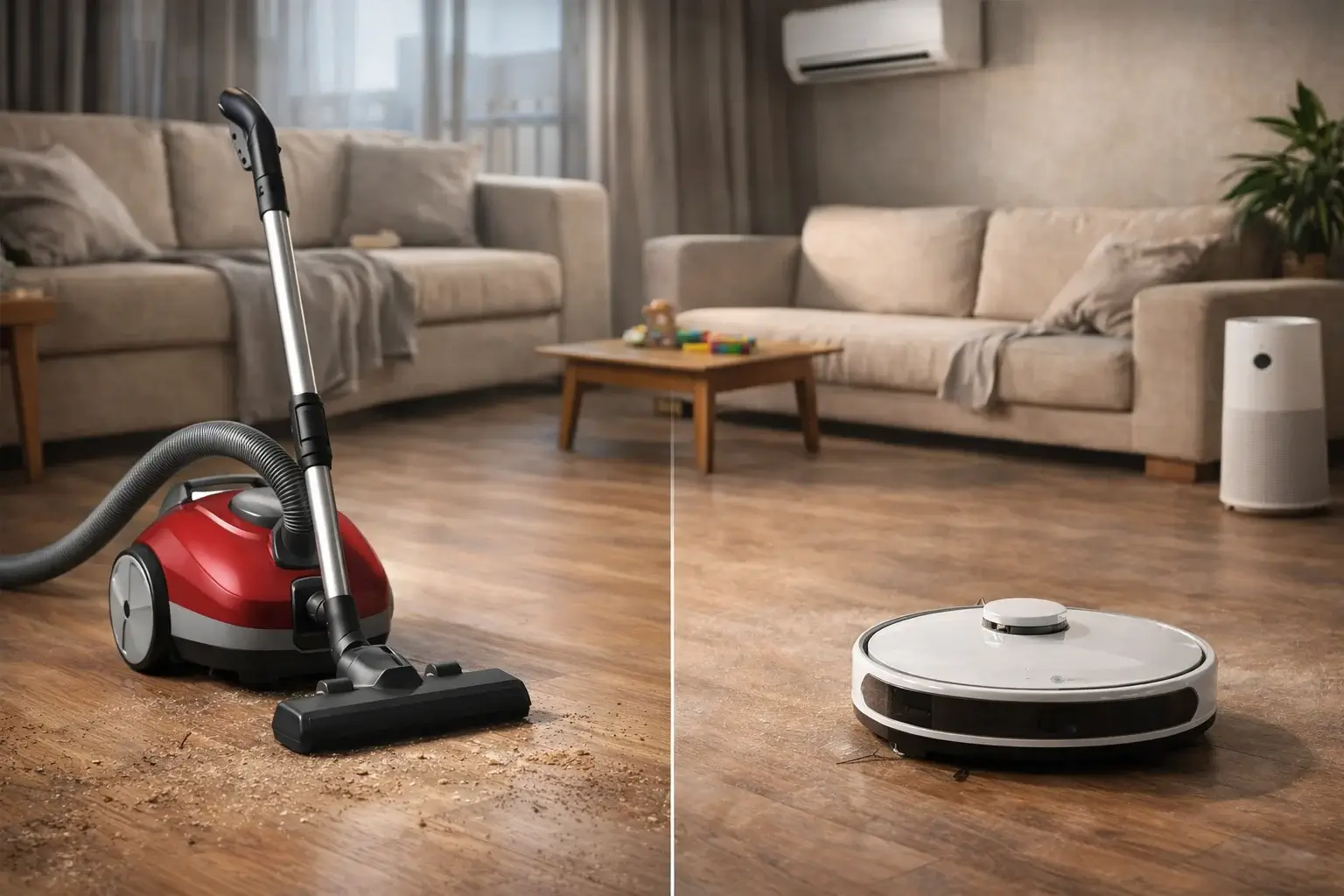 مقارنة بين مكنسة كهربائية تقليدية وروبوت تنظيف داخل غرفة معيشة
