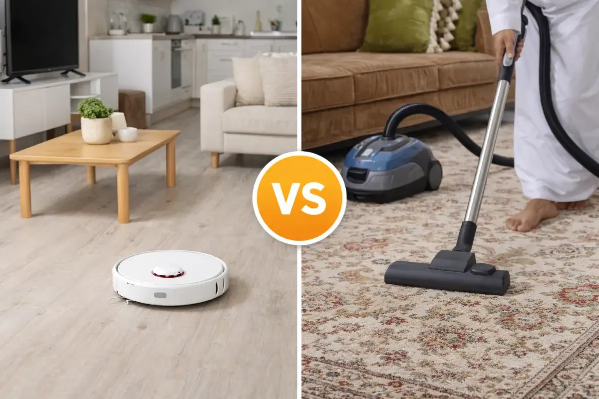 مقارنة بين استخدام المكنسة الروبوت في الشقق الصغيرة والمكنسة التقليدية مع السجاد في المنازل