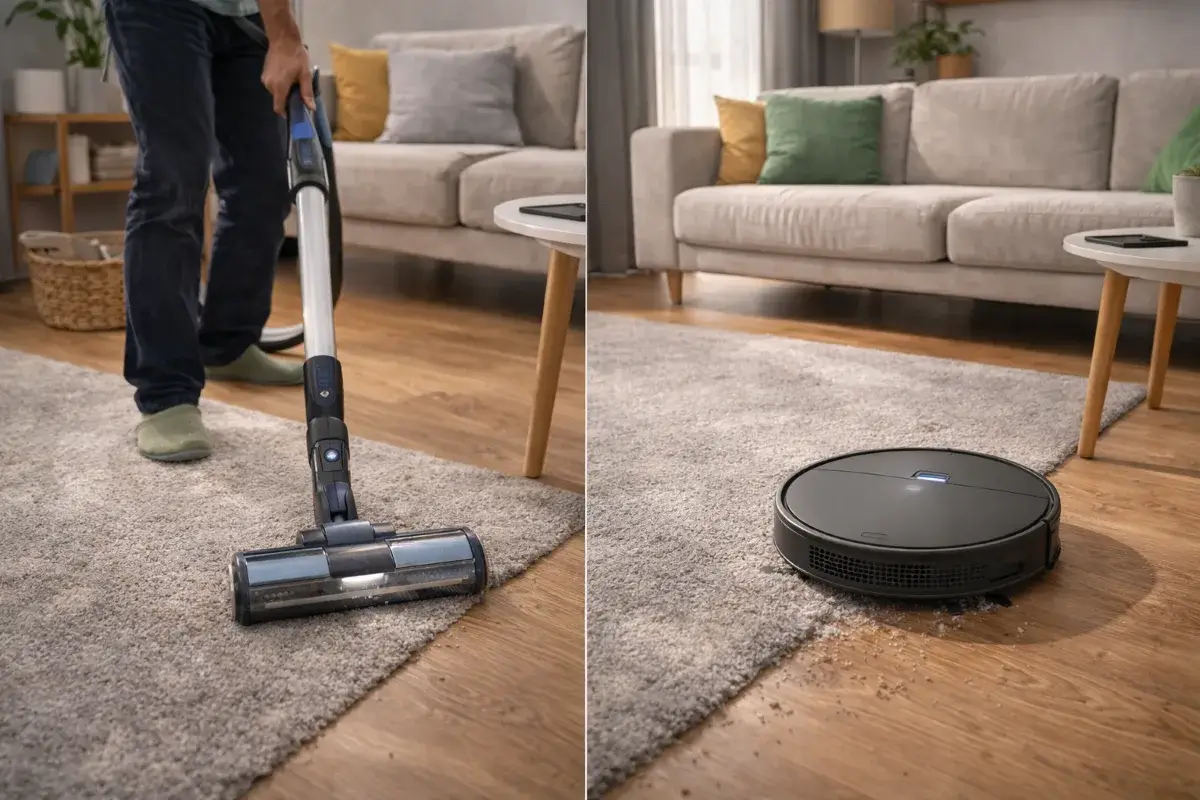مقارنة بين مكنسة عادية وروبوت تنظيف داخل شقة صغيرة لتوضيح الفرق