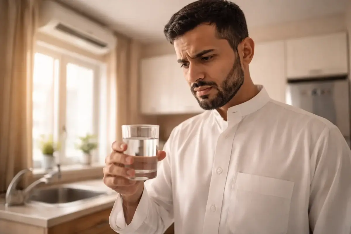 شخص في شقة ينظر إلى كوب ماء من الحنفية بتردد داخل منزل في السعودية