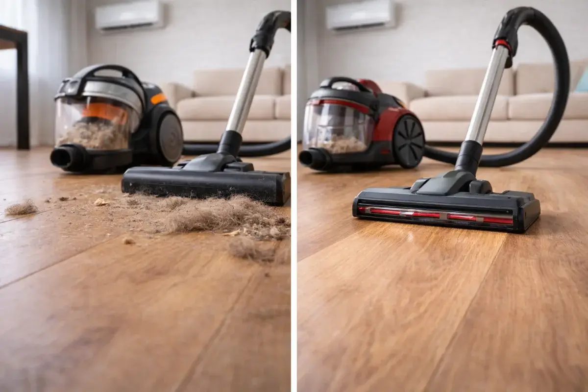 مقارنة بين مكنسة ضعيفة وأخرى قوية تظهر فرق التنظيف بوضوح