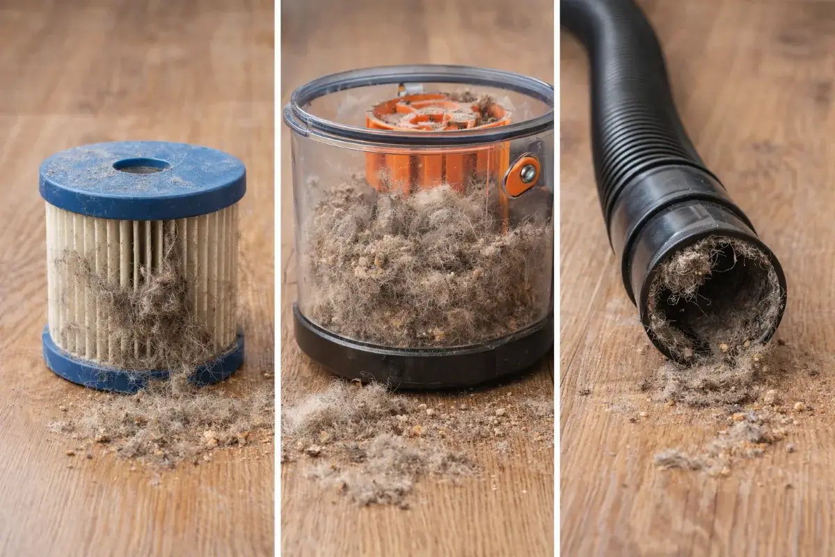 فلتر مكنسة متسخ وخزان ممتلئ وانسداد في الخرطوم يسبب ضعف الشفط