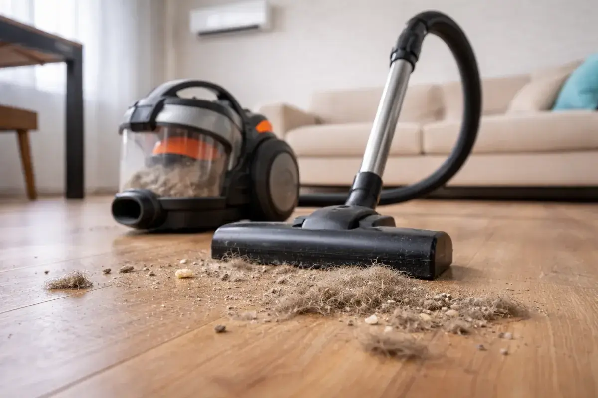 مكنسة كهربائية ضعيفة الشفط مع غبار على الأرض داخل شقة