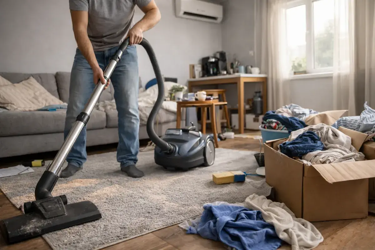 تنظيف شقة صغيرة باستخدام مكنسة كبيرة بطريقة غير فعالة مع فوضى في المكان