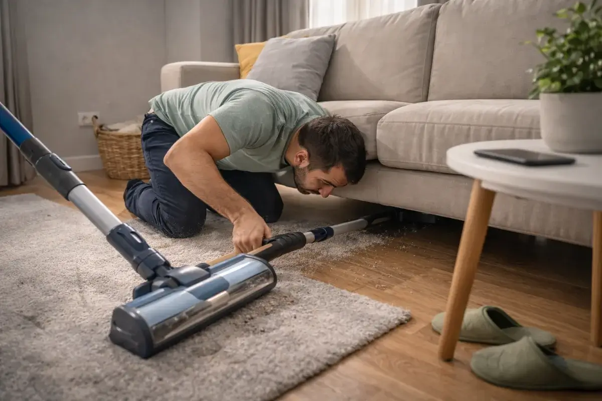شخص يستخدم مكنسة كبيرة بصعوبة داخل شقة صغيرة وضيق المساحة