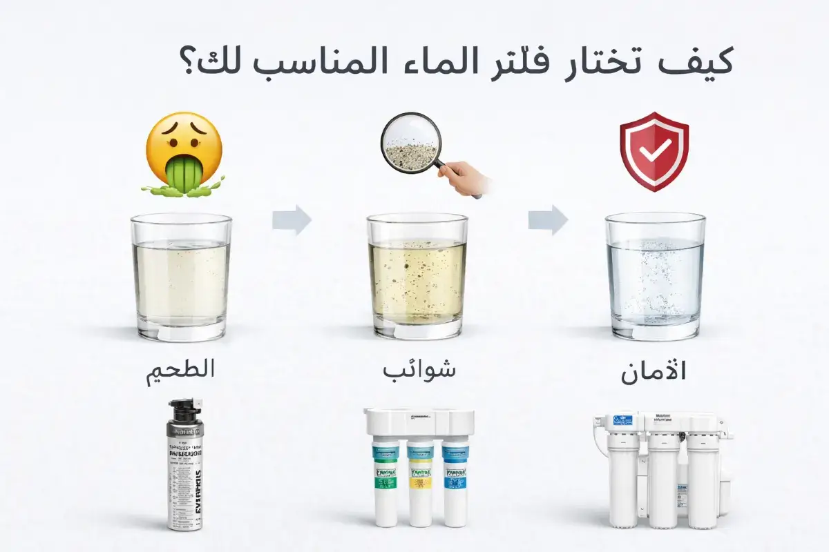 اختيار فلتر الماء المناسب حسب المشكلة مثل الطعم أو الشوائب أو الأمان