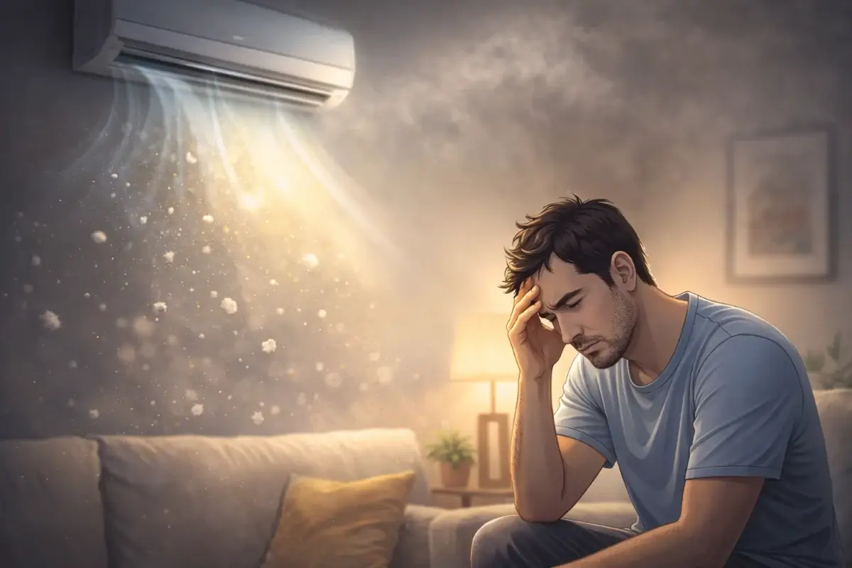 شخص يشعر بالتعب داخل المنزل مع وجود غبار ومكيف يعمل في غرفة معيشة