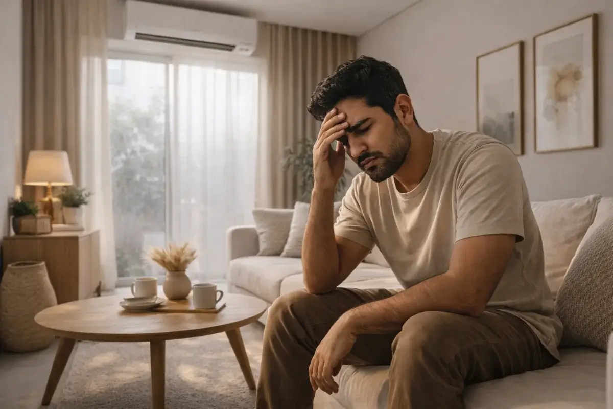 شخص يشعر بالتعب داخل شقة مع مكيف يعمل رغم أن المكان يبدو نظيف