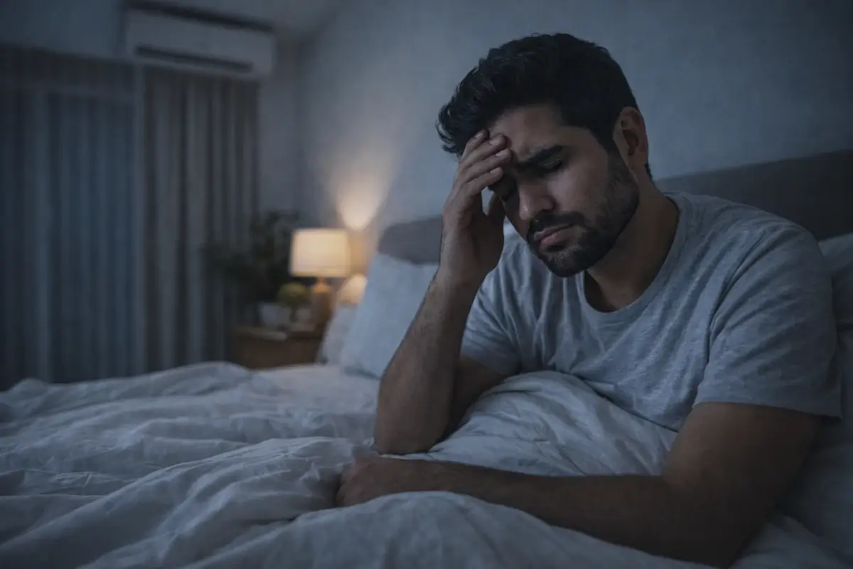 شخص يعاني من صعوبة النوم داخل غرفة مع مكيف بسبب عدم راحة الهواء