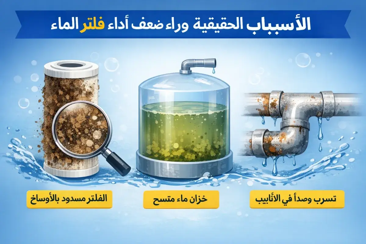 أسباب ضعف فلتر الماء مثل انسداد الفلتر أو مشاكل الخزان أو الأنابيب
